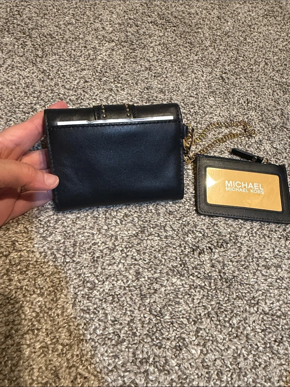 Michael Kors Black Leather Wristlet with Gold Studs and Chain